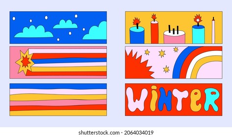 Un conjunto de fragmentos vectoriales para crear afiches y tarjetas de Navidad. Impresiones horizontales de Navidad. Psicodelic funky groovy style. Vibrante fiesta de los años 80. Celebraciones planas - cara, estrellas, santa claus, medias