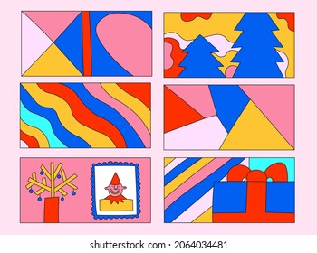 A set of vector fragments for creating Christmas posters and cards. Horizontal Christmas prints. Psychedelic funky groovy style. Vibrant 80s party. Flat celebrations - face, stars, santa claus, socks
