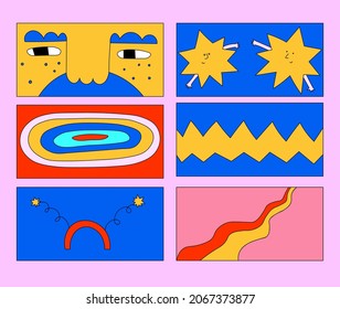 A set of vector fragments for creating Christmas posters and cards. Horizontal Christmas prints. Psychedelic funky groovy style. Vibrant 80s party. Flat celebrations - face, stars, santa claus, socks