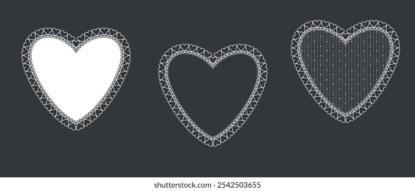 Set vector frame with lace border in the shape of a heart. Concept of love for Valentine's day or wedding design. Vector lace frames