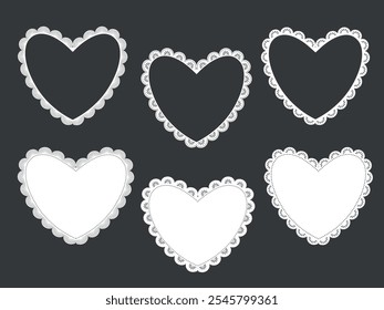 Set vector frame with lace border in the shape of a heart. Concept of love for Valentine's day or wedding design. Vector lace frames