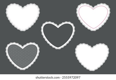 Set vector frame with lace border in the shape of a heart. Concept of love for Valentine's day or wedding design. Vector lace frames