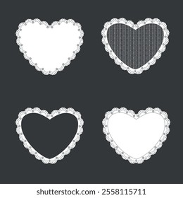 Set vector frame with lace border in the shape of a heart. Concept of love for Valentine's day or wedding design. Vector lace frames