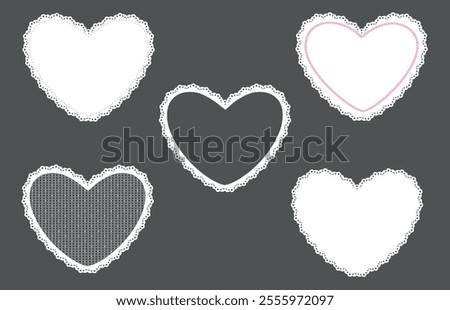 Set vector frame with lace border in the shape of a heart. Concept of love for Valentine's day or wedding design. Vector lace frames