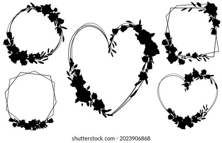 Set of vector frames. Black elements with roses, leaves and branches. Isolate on a white background. Brushes. Wedding. Valentine's Day. March 8. Use as greetings, wedding cards, etc.