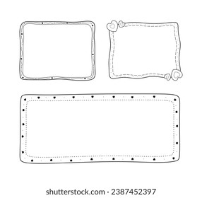 Set von Vektorrahmen im Doodle-Stil. Handgezeichnete Bildersammlung einzeln. Skizze des Bilderrahmens besteht aus Linien, Punkten, Quadraten und Herzen.Leere schwarze lineare Kadre in Freehand.Vektorgrafik