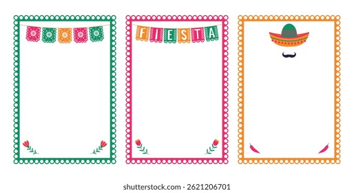 Set of vector frames with festive flags, flowers, sambrero, mustache, chili pepper. Mexican fiesta - festive frame, social media story. Design element for banner, poster, text box.