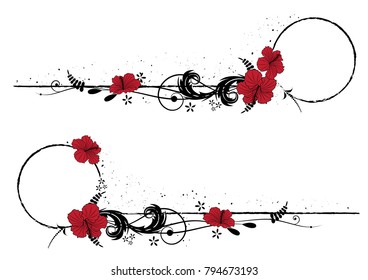 set of vector frames with flowers of hibiscus in black, white and red colors