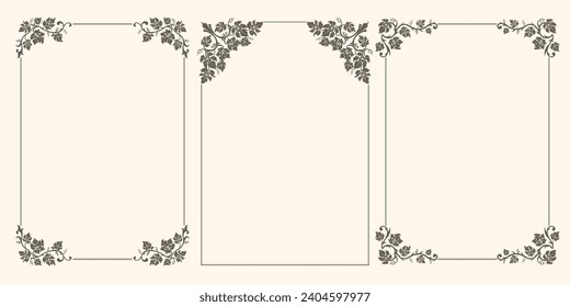 Set of vector frames with grape leaves and swirls. Vintage frame with leaves. Frame for invitation, menu, diploma.