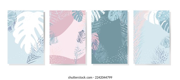 set of vector frames. Greeting card with tropical leaves on a light background