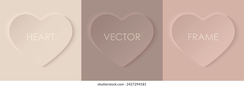 Set of vector frames of hearts in soft beige tones. Heart frame for photos, backgrounds for products. Sticker heart