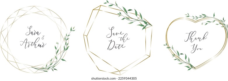 A set of vector frames for holiday design. Polygonal, round and heart-shaped frames. Delicate green sprigs of plants 