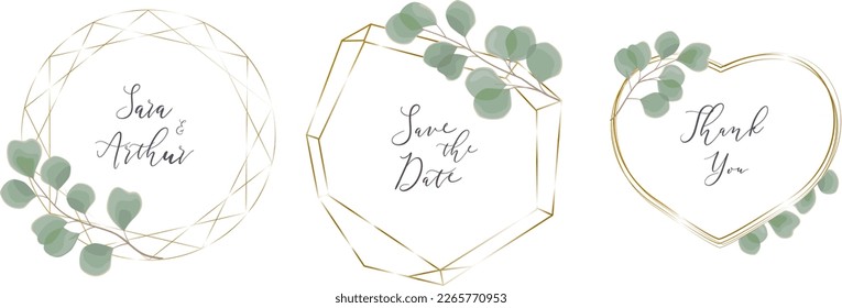 A set of vector frames for holiday design. Polygonal, round and heart-shaped frames. Delicate green sprigs of plants. Juicy green eucalyptus branches 