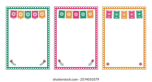 Set of vector frames with holiday flags and flowers. Mexican fiesta - holiday frame, social media story. Design element for banner, poster.