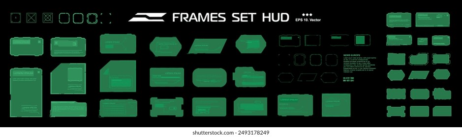 Set of vector frames for HUD user interface. Frames, windows and blocks with data. Modern text windows and HUD interface elements. Template with set of vector elements and frames