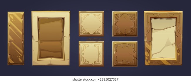 Set of vector frames made of stone. Template of decorative antique frames with ornament. Mix of two stones of granite and limestone. Panel with a set of sun glare. Game design, for avatar, place text.