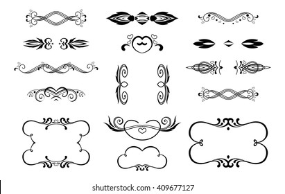 Set of vector frames and pattern with hearts, decorative calligraphic vignettes, borders and dividers isolated on white for design. EPS 8. Perfect for greeting cards, wedding invitations, birthday