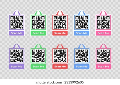 Set of vector frames of qr code with inscription scan me and shopping bag vector design. Scanning barcode banner graphic design