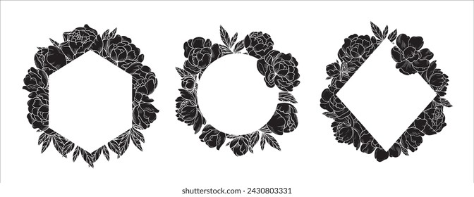 Set of vector frames of round, rectangular shape with exquisite peony flowers. Graphic silhouette on a white background. Suitable for invitations, wedding decoration, cards