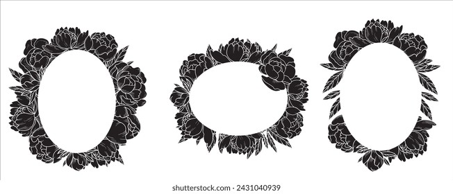 Set of vector frames of round, rectangular shape with exquisite peony flowers. Graphic silhouette on a white background. Suitable for invitations, wedding decoration, cards