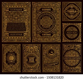 Set of vector frames in vintage style. Gold labels for bottles and packaging. Templates for retro cards or book covers or postcards. Emblems, patterns and ribbons for text