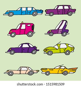 Set of vector freehand drawings of various cargo and passenger cars stylized cartoon cars