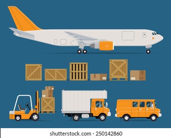 Set of vector freight cargo transport icons featuring cargo jet airplane, wooden and cardboard containers and crates, forklift, local delivery truck and cargo van