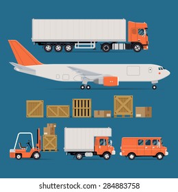 Set of vector freight cargo transport icons featuring flat nose semi-trailer truck, cargo jet airplane, wooden and cardboard containers and crates, forklift, local delivery truck and cargo van