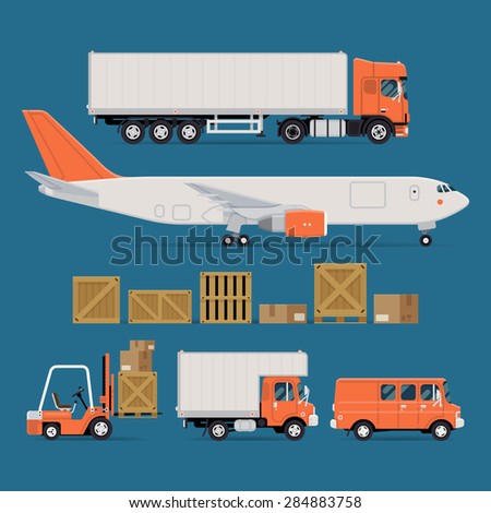 Set of vector freight cargo transport icons featuring flat nose semi-trailer truck, cargo jet airplane, wooden and cardboard containers and crates, forklift, local delivery truck and cargo van