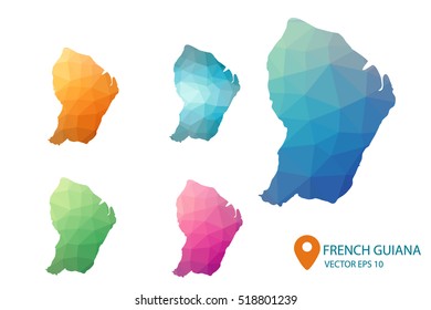 Set of vector French Guiana maps. Bright gradient map of country in low poly style. Multicolored country map in geometric style for your infographics. Vector illustration eps 10.