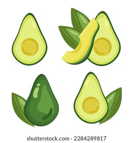 Set of vector fresh avocados with leaves isolated on a white background. Cute cartoon illustration of organic food. Avocado collection