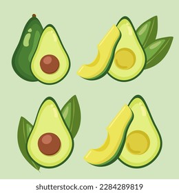 Set of vector fresh avocados with leaves isolated on a green background. Cute cartoon illustration of organic food. Avocado collection