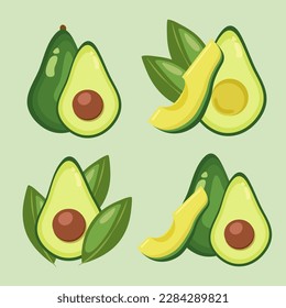 Satz von Vektorfrischen Avocados mit Blättern einzeln auf grünem Hintergrund. Cute Cartoon Illustration von Bio-Lebensmitteln. Avocado-Kollektion