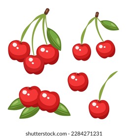 Set of vector fresh red cherries with leaves isolated on a white background. Cute cartoon illustration of organic food. Berry collection
