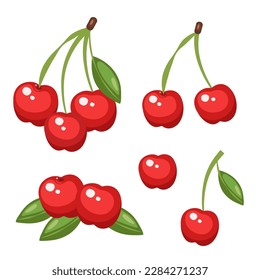 Set of vector fresh red cherries with leaves isolated on a white background. Cute cartoon illustration of organic food. Berry collection
