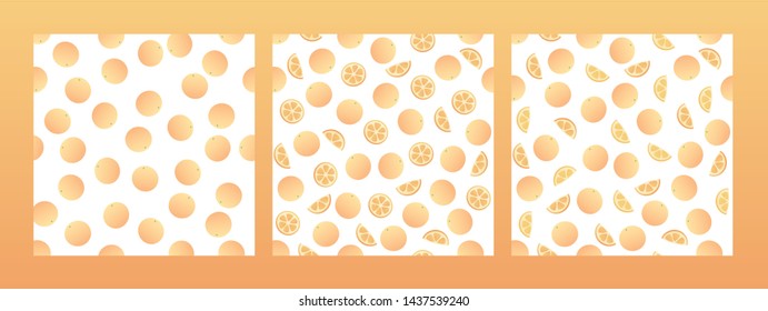 Set of vector fresh simple fruit seamless pattern. Irregular composition of citrus oranges texture isolated on white background. Design repeate tile for decorative textile, backdrop, wrapping paper.
