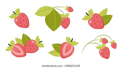 Set of vector fresh strawberries with leaves isolated on a white background. Cute cartoon illustration of organic food. Berry collection