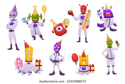 A set of vector friendly aliens in space suits with lots of eyes and tentacles holding gifts on a white background for a festive decor for children's birthdays