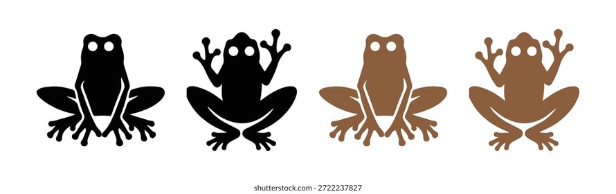 Conjunto de rana de Vector. Vector de silueta de rana sobre fondo blanco. Colección de anfibios venenosos con piernas largas delgadas en varias poses y en movimiento, mostrados desde atrás y desde arriba
