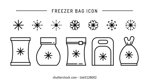 Set vector frozen food bag icon outline. Symbol linear illustration of packaging for frozen and vacuumed food. Containers and bags for food semi-finished products frozen.