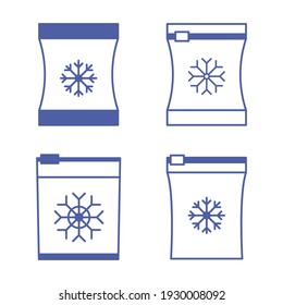 Set Of Vector Frozen Food Bag. Freeze Bag. Containers And Bags For Food Semi-finished Products Frozen. Vacuum Packed For Freezing Of Food. Blue Color Icons Set. Vector Outline Symbol