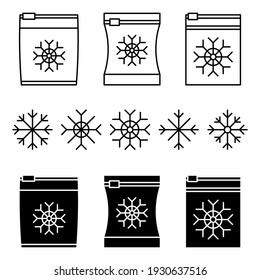 Set of vector frozen food bag with different snowflakes. Freeze packed. Containers and bags for food semi-finished products frozen. Vacuum packed for freezing of food. Vector icons set