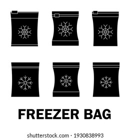 Set Of Vector Frozen Food Bag. Freeze Bag. Containers And Bags For Food Semi-finished Products Frozen. Vacuum Packed For Freezing Of Food. Glyph Symbol. Vector Icons Set