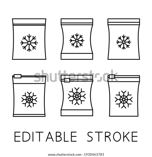 Set of vector frozen\
food bag. Freeze bag. Containers and bags for food semi-finished\
products frozen. Vacuum packed for freezing of food. Outline icons\
set. Vector symbol