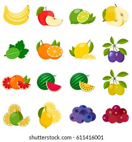 set of vector fruit and berries, isolated on a white background. banana, Apple, pear, lemon, orange, blueberry and others. whole fruits and slices.