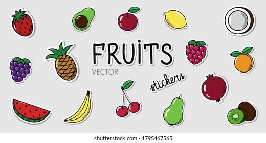 Set of vector fruit and berry stickers. Collection of cartoon elements with shadows on the grey background