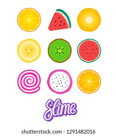 Set vector fruit cartoons. Concept Charms for Slime isolated on white background