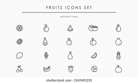 Set of vector fruit icon set. Cherry, apple, avocado, strawberry, and more. Vector fruit line illustrations collection