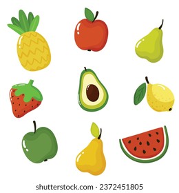 Satz von Vektorfruchtsymbolen. Helle und saftige, handgezeichnete Aufkleberpackung. Symbole für gesunde Lebensmittel, Bio-Lebensmittel, Ernährung, Vegetarismus und Vitamine
