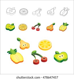 set of vector fruit icons outline isometric style